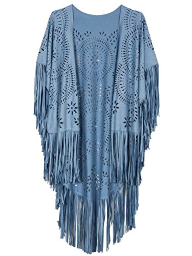 Persun Women Blue Summer Style Floral Geometry Cut Out Asymmetric Fringe Tasseled Kimono,One Size #TOP5