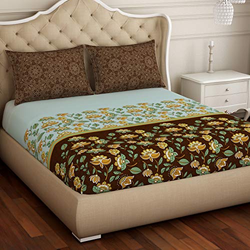 Image of Spaces Atrium Plus 210 TC 100% Cotton Queen Size Fitted Double Bedsheet with 2 Pillow Covers (Floral, 60 inch X 78 inch Inches ) - Sea Green