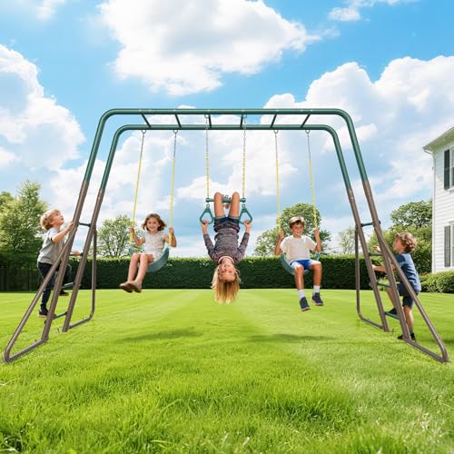 Hapfan Swing Sets for Backyard with Monkey Bars, 2 Belt Swings & Trapeze Bar- Heavy Duty Metal Outdoor Playground Sets for Kids, Backyard Playset