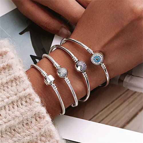Bisaer Evil Eye Bracelet Sterling Silver Clasp Charm Bangle Bracelet For Bead Charms With Sapphire Gemstones Evil Eye Clip Lock Stopper(17/19Cm/ 21Cm) #TOP3