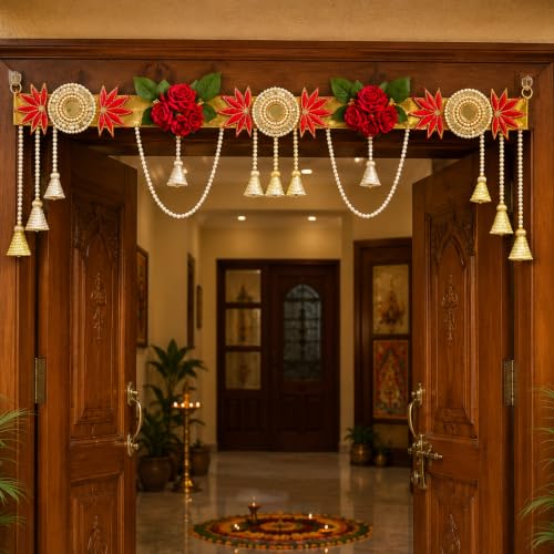 Image of Rose Door Toran|Decorative Banderwal for Main Door|Premium Beaded Wall Hanging with Elephant Motif & Pearl Latkans|Festive Home Decor for Diwali,Pooja,Wedding & Housewarming|38 Inch