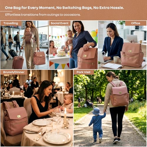 Image of R for Rabbit Caramello Bold Arise Diaper Bag for Mothers, Premium Vegan Leather with Insulated Bottle Pockets, Multi-Compartment Maternity Backpack, Fits 14 inch Laptop, 22 Litre Capacity (Sand Brown)
