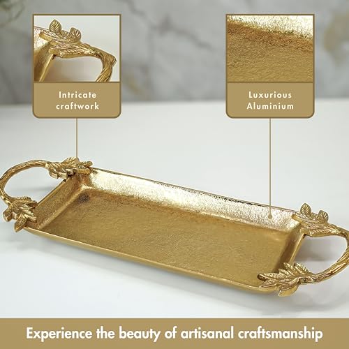 Image of BEHOMA Aluminium Golden Serve Tray with Leaf Handle, 16.7 inch | Golden aluminium serve tray with leaf handle, 16.7 inch; perfect Durga Puja & Navratri serveware.