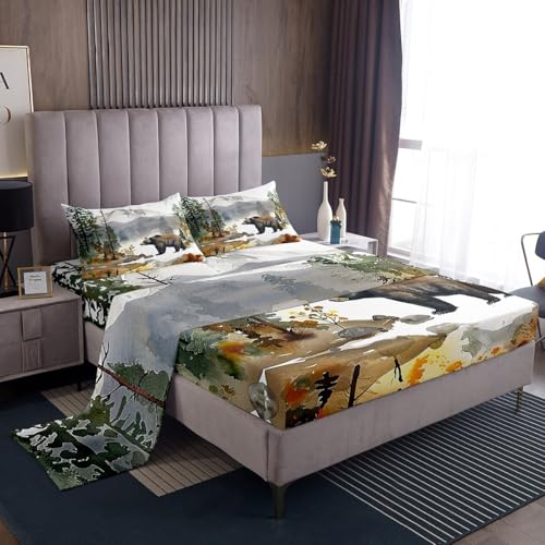jejeloiu Bear Fitted Sheet Full Size Kids Woodland Bear Bedding Set for Boys Girls Teens Forest Nature Wildlife Bed Sheets Set Pea Green White Bed Cover