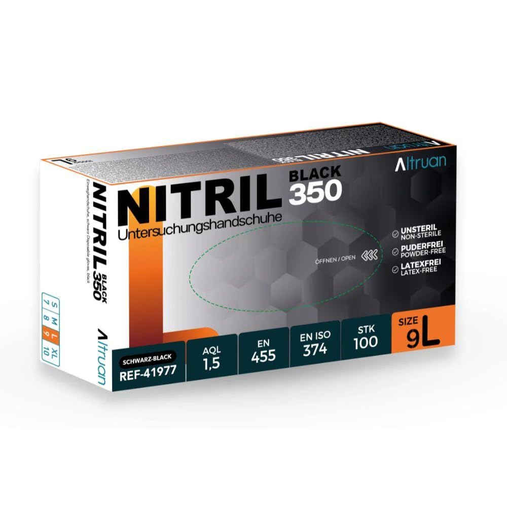 Guanti in nitrile 100/1000 pezzi, blu/nero, nitrile 350, usa e getta, guanti monouso, senza polvere, senza lattice, taglia S - XL (nero, L, pallet)