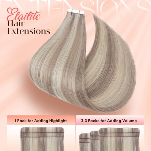Image of Elailite Tape in Hair Extensions Human Hair Thick Real Remy Hairpieces Ash Blonde & Bleach Blonde 12 Inch 40g 20pcs Straight Invisible Seamless Skin Weft Best Tape for Women