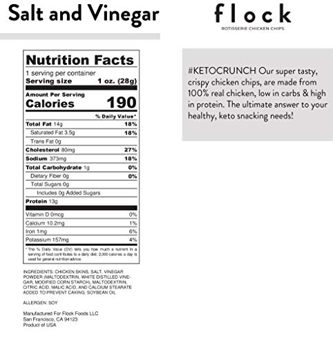 Flock Keto Chicken Skin Chips | 100% Real Chicken | Low Carb, High Protein, Gluten Free Single Serve Snack | Salt and Vinegar Flavor, 8-Pack