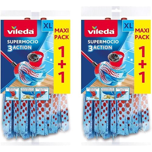 Image of 4 x Vileda SuperMocio 3 Action XL Mop Refills – Maxi Pack 1+1 Pack | Microfibre Mop Head Replacement for Stubborn Dirt & Grease | Floor Cleaning Refills for Tile, Laminate & Wood