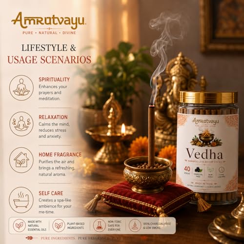 Image of Vedha Dhoop Sticks 4 inch 6mm Bamboo Less Incense Dhoop 40 Sticks for Pooja | No Charcoal Dhoop Batti with Holder Stand | Fragrance for Home, Mediation Relaxation