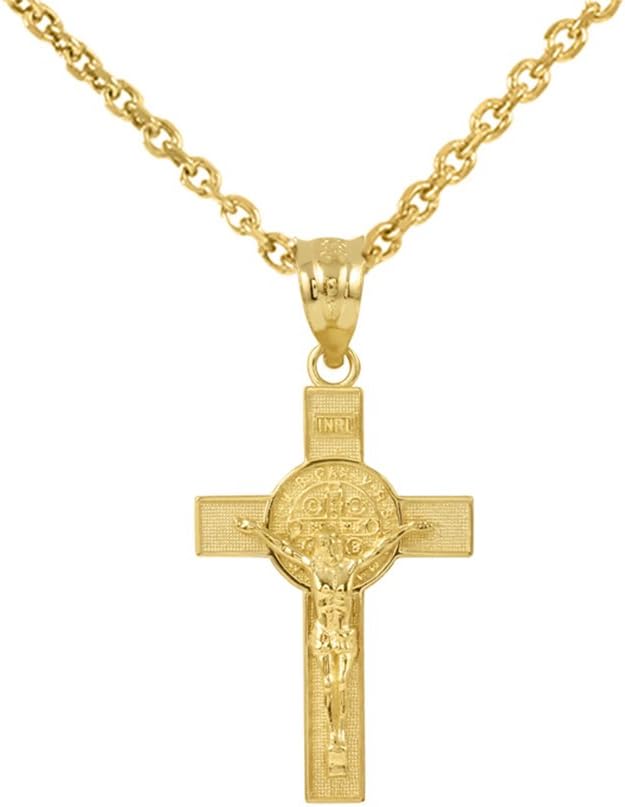 Solid 14k Gold St. Benedict Crucifix Cross Pendant Necklace (1.10")