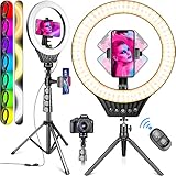 10'' Ring Light with Telescopic Stand 17''-59'' Tall & Phone Holder,17 Color Modes Selfie Ring Light with Tripod Stand,LED Macro & Ringlight Flashes for iPhone & Android,YouTube, Makeup,TIK Tok
