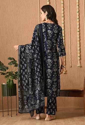 Image of Amazon Brand - Tavasya Women Cotton Anarkali Kurta Pant Dupatta Set | Printed Ethnic Suit Set | Flared Anarkali Kurta with Pant & Dupatta | Festive & Casual Wear