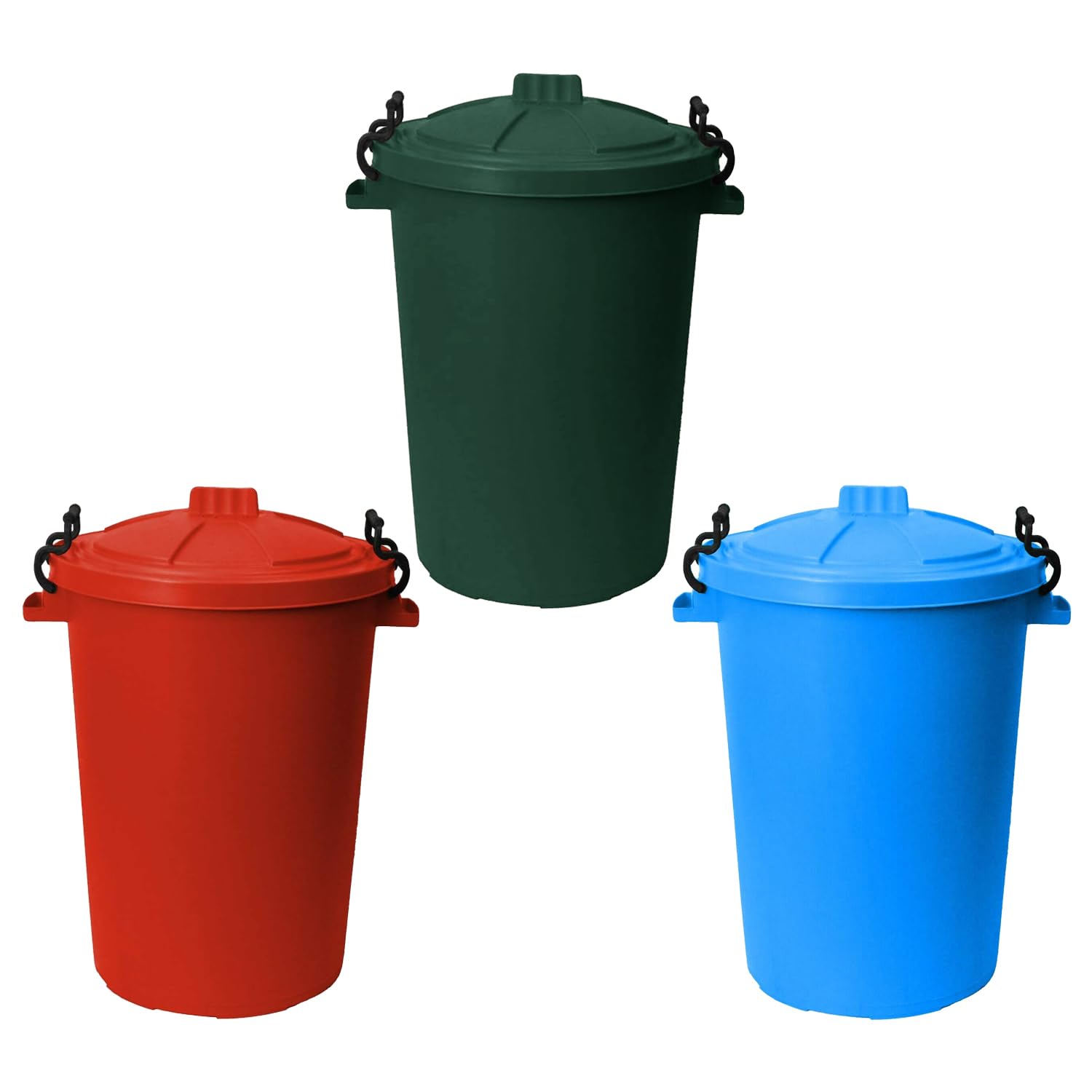 TENLITE Set of 3 - Heavy Duty Plastic Clip Lock Lid Bin Indoor or Outdoor Rubbish, Trash Can, Dustbin Waste or Storage of Animal Feed, Colourful Bins - Made in U.K. (Dark Green, Red & Sky Blue)
