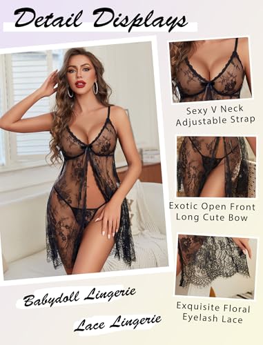 Image of Avidlove Sexy Lingerie for Women Open Front Lace Babydoll Dress V Neck Chemise Negligee Honeymoon