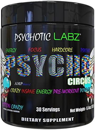 Psychotic Labz Psycho Circus High Stim Pre Workout Powder, Energy Focus Strength Pumps, Loaded with Beta Alanine Creatine Caffeine Ampiberry Dmae Bitartrate, 30 Srvgs, Cotton Candy