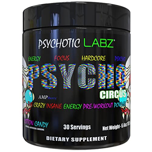 Psychotic Labz Psycho Circus High Stim Pre Workout Powder, Energy Focus Strength Pumps, Loaded with Beta Alanine Creatine Caffeine Ampiberry Dmae Bitartrate, 30 Srvgs, Cotton Candy