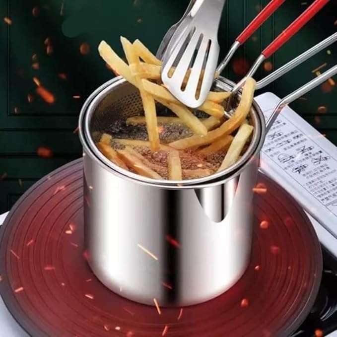 Image of Mini Deep Frying Pot with Basket - 1200ml Stainless Steel Fryer for French Fries, Chicken, Shrimp, Fish - Compact Deep Oil Fryer with Handle for Home Kitchen Cooking
