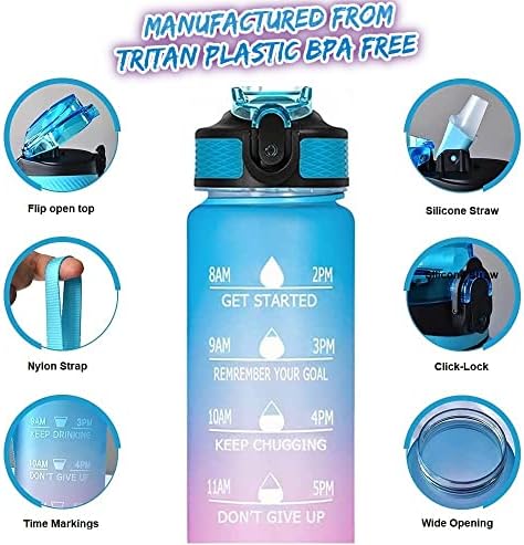 Aquasilo - Motivational Time Marked BPA Free Water Bottle - Leakproof 1L Water Bottle for Men, Women & Kids, Reusable, 1-Click Open with straw (Blue + Purple)