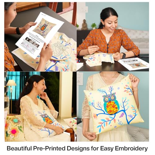 Image of picknMAKE Set of 2 DIY Cushion Cover Hand Embroidery Kit Set for Beginners with Majestic Owl Bliss DIY Craft Cushion /Pillow Cover|16 inchX16|Digitally Printed Embroidery Patterns|All Materials Included