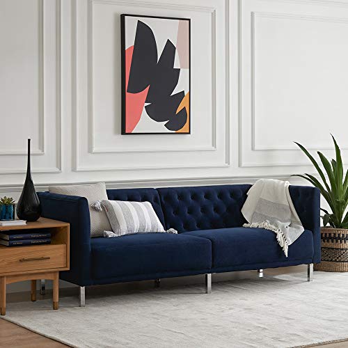 Mopio Aiden Classic Contemporary Sofa Couch, Tufted Sofa Design Includes Sturdy Chrome Legs and Rich Velvet Upholstery, 72\"W, Deep Blue