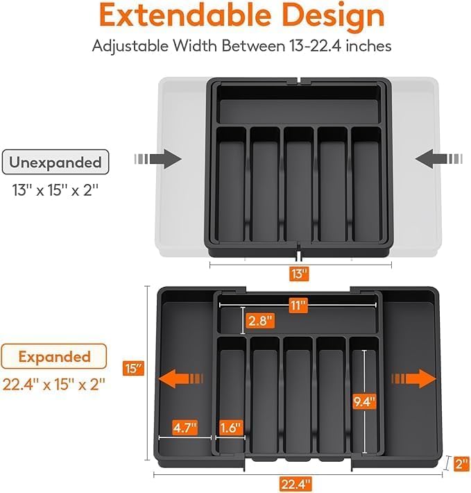 Image of Aroja Utensil Organizer for Kitchen Drawer, Expandable Cooking Silverware Tray, Adjustable Cutlery Flatware Holder, Plastic Spatula Tools Storage Divider (BLACK PACK OF 2)