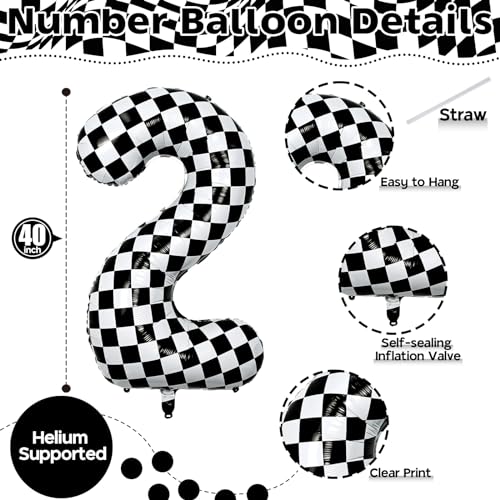 Image of 40 Inch 2nd Birthday Number Balloon, Checkered Foil Self Inflating 2 Balloons Decor, Big Black and White Racing Helium Number 2 Balloons for Girls Boys Birthday Race Car Flag Party Decoration Supplies
