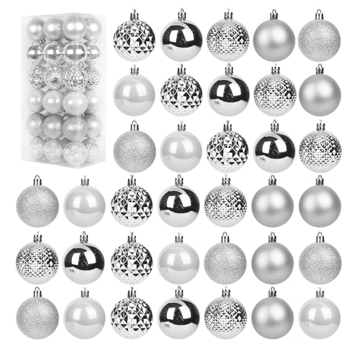 36Pcs Christmas Baubles Set Silver Christmas Tree Decorations Shatterproof Xmas Balls and Ornaments for Hanging Festive Holiday Home Decor Classic Christmas Decorations Set for Xmas Tree