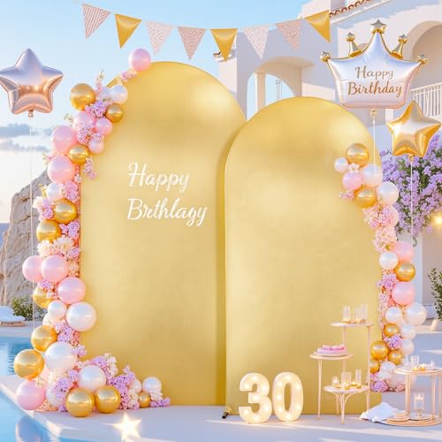 Image of Gold Yellow Arch Covers 7.2 and 6ft Sequin Sparkly Birthday Party Arch Backdrop Covers Set of 2 Spandex Shimmer Balloon Arch Stand Cover for Wedding Bridal Shower Baby Shower Photo Arches Background
