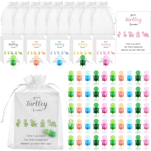 50 Sets Youre Turtley Awesome Inspirational Gift 50 Turtle Greeting Cards Mini Sea Turtle Figure Organza Bag Employee Appreciation Gift for Coworker Teacher Team Volunteer End of Year Class Gifts