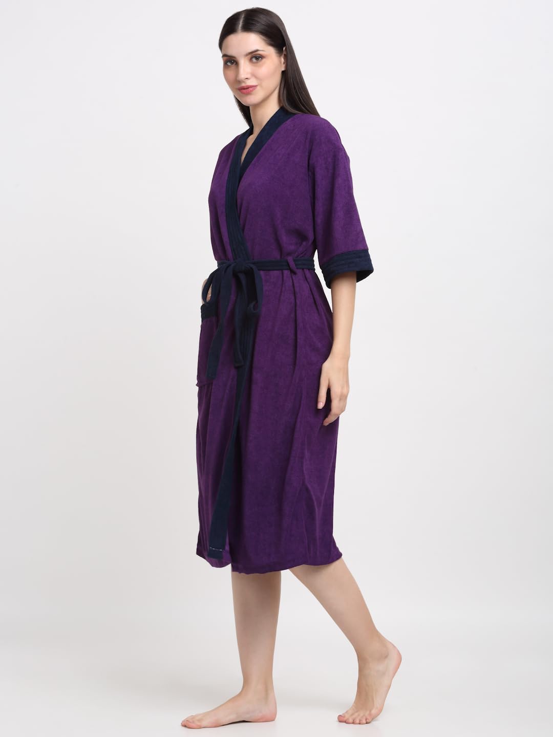 CREEVA Everyday Unisex Micro Terry Bathrobe Collection With kimono collar and 1 Pocket, 3/4 Sleeve Bath Robe Super Soft Light Weight - Indigo & Navy - Image 2 thumbnail