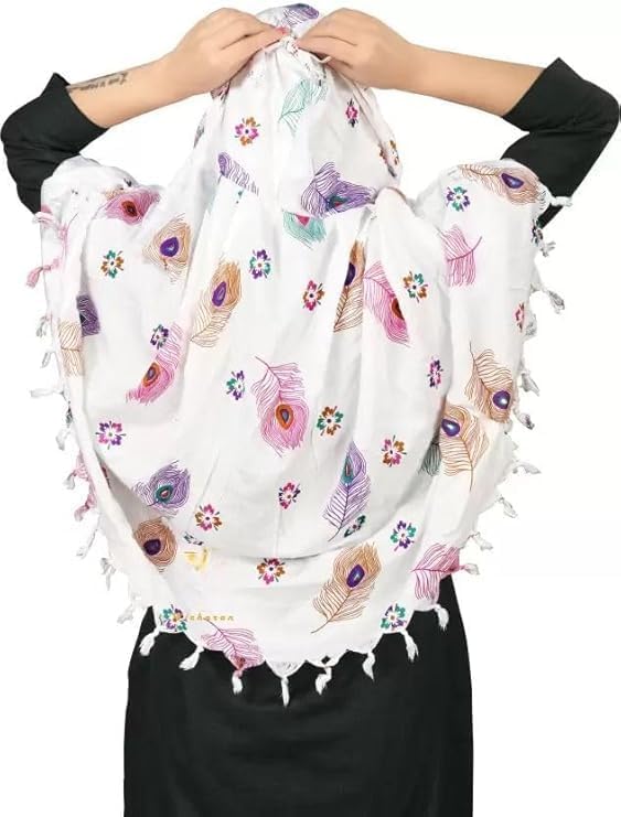 VEPROIX Pure Cotton Female Long Scarf Cum Mask With Sun Protection Cover Face Mask Scarves Stylish Universal Size Usable Dupatto Vehicle Driver Sunlight Uv Protection For Girls & Women(White Feather) 3