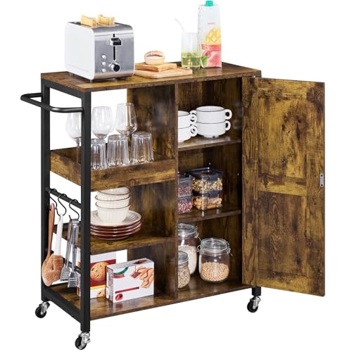 Yaheetech Carrito de Cocina de Madera Isla Cocina con Ruedas Estilo Industrial Estantes Ajustable Carro de Cocina Ganchos para Salón Comedor 70x35x86 cm Rústico Marrón