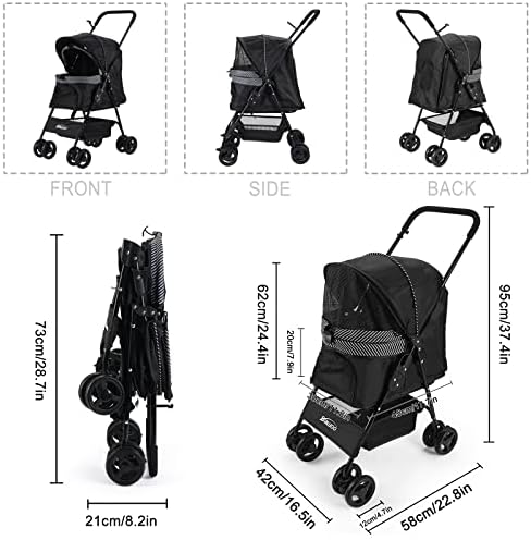 DAWOO Pet Stroller with 4 Wheels, Dog Cat Pushchair, Foldable Four-wheeled Travel Carrier (Black)