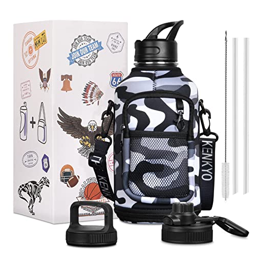 Half Gallon Insulated Water Bottle with Storage Sleeve Kenkyo 64 oz Stainless Steel Water Bottle with Straw Lid Handle 1 2 Gallon Large Metal Water Flask Jug Keep Cold for 48 Hrs or Hot for 24 Hrs