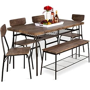 Best Choice Products 6-Piece 55in Modern Dining Set for Home, Kitchen, Dining Room w/Storage Racks, Rectangular Table, Bench, 4 Chairs, Steel Frame – Brown
