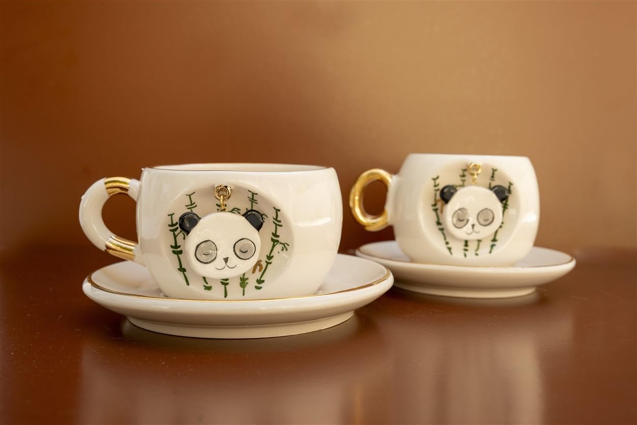 BSK Ceramics Handmade El Yapımı Seramik Doğa Serisi Altın Vurgulu Çay Kupası 230 ml, Nesli Tükenmekte Olan Hayvanlar Farkındalık, Hayvan Severler İçin Panda Temalı