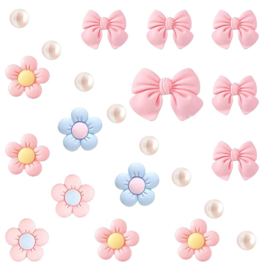 Gorofit 22 Pcs Resin Pink Bow Shoe Charms for Girls, Cute Flower Accessories for Clog Sandal,DIY Pearl Decoration Charms, for Clog Sandals, Pearl
