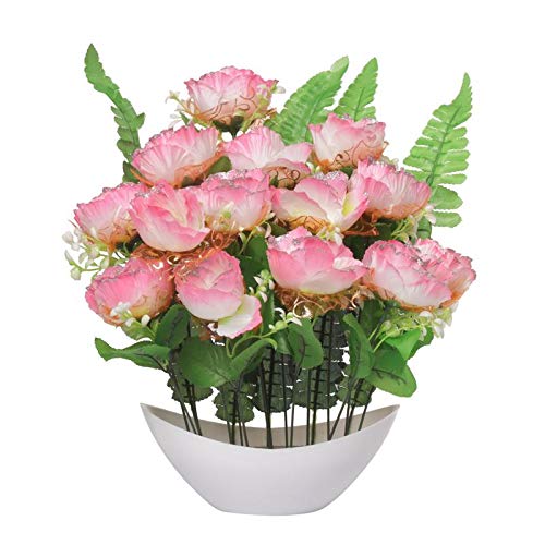 CAAJIB Rose Bunch Artificial Flower Plant with Vase Pot for Home Decor Decorative Flowers, (15 - Light Pink Roses, 40 cm)