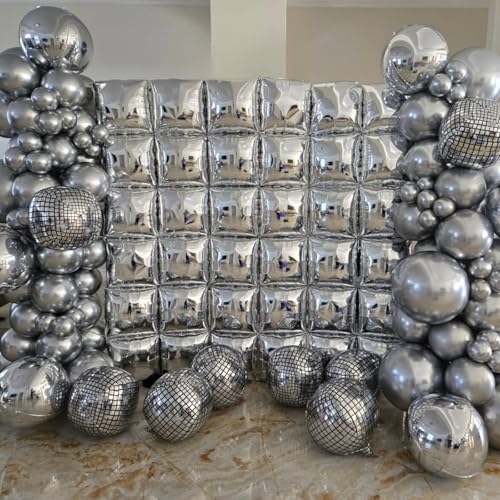 Image of Metallic Silver Double Sided Square Foil Balloons Wall,19 Inches Chrome Foil Balloons Tunnel Arch Kit for Bachelorette,2026 New Year,anniversary,Graduation,Wedding,Birthday Party Background Decoration