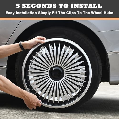 Image of Multi-Spoke Silver with Black Hubcap Wheel Cover Replacement Kit 16 inch Hub Caps Wheel Rim Cover Car Exterior Accessories Pack of 4, 16 inches