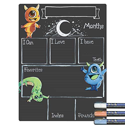 Cohas Monthly Milestone Board for Baby with Monsters Theme, Reusable Chalkboard Style Surface, and Liquid Chalk Markers, 12 by 16 Inches, 3 Pastel Markers