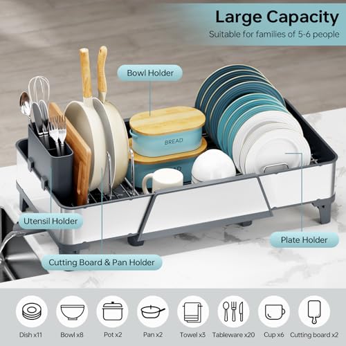 Image of Urackify Large Dish Drying Rack - Triple Expandable Dish Rack for Kitchen Counter, Stainless Steel Sink Organization and Storage Essentials with Utensil & Pans Holder for Home and Appartment, Gray