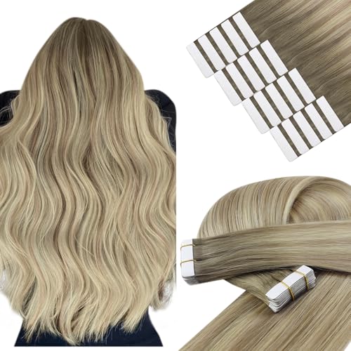 Image of YoungSee Human Hair Tape in Extensions Blonde, Balayage Tape in Hair Extensions, Ash Blonde Ombre Platinum Blonde, Invisible Tape-in Hair Extension, for All-day Wear, 18 Inch 50g 20pcs
