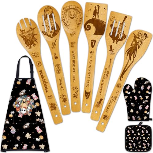 Night Christmas Gifts,Magic Pattern Wooden Cooking Spoons with Apron Oven Mitt Potholder-Halloween Kitchen Decor Cooking Utensils 9pcs,Night Gift for Fans,Women,Mother's Day,Housewarming