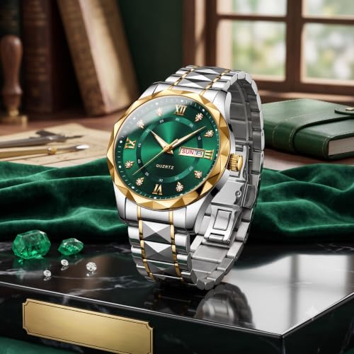 Image of GOLDENIZE FASHION Luxury Analog Roman Numeral Date Display Diamond Pattern Classics Stainless Steel Wrist Watch for Men