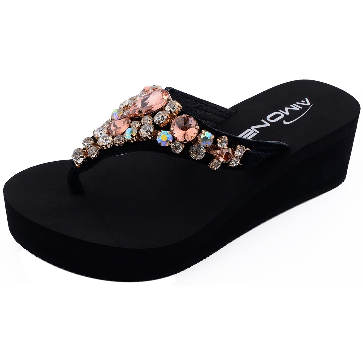 AIMONE_Aurelie Flip Flops for Women Black Platform Wedge Peach Bling Rhinestone Sandals