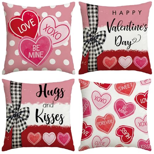 Valentines Day Decorations-Valentine Pillow Covers 18x18 Set of 4 Pink Red Hearts Be Mine Happy Valentines Day Throw Outdoor Pillow Covers Anniversary Wedding Cushion Case for Home Sofa Couch Dcor