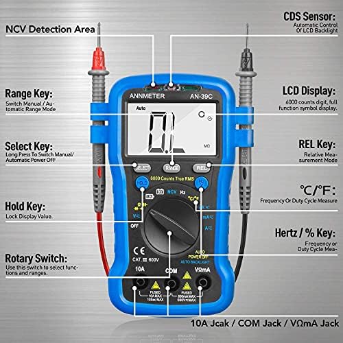Digital Multimeter Auto-Ranging Volt Amp Ohm Meter,AN-39C 6000 Counts TRMS Electrical Tester DMM for AC/DC Current,Voltage,Resistance Cap,Hz,Diode,NCV and Temperature
