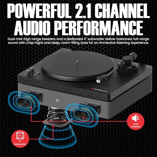 Image of AudioSource Vinyl Record Player, 120W All-in-one Turntable with 2.1 Channel Built-in Speaker, Bluetooth 5.4, Built-in Subwoofer, High Fidelity 2-Speed Belt Drive, Patented Isolation System, Black