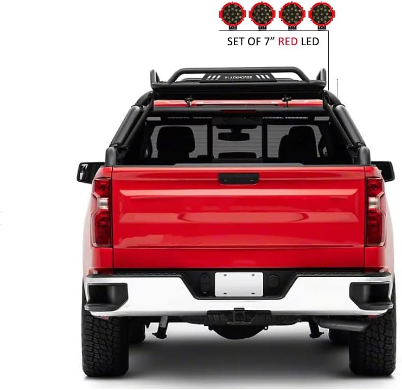 Black Horse Warrior Roll Bar Incl. Pair of 7.0" Dia.LED Lights Compatible with 1/2 TON Trucks (GM Silverado 14+/Ford F150 15+/Dodge RAM 15+) with Full Size Cargo Basket(with RED Brake Light)